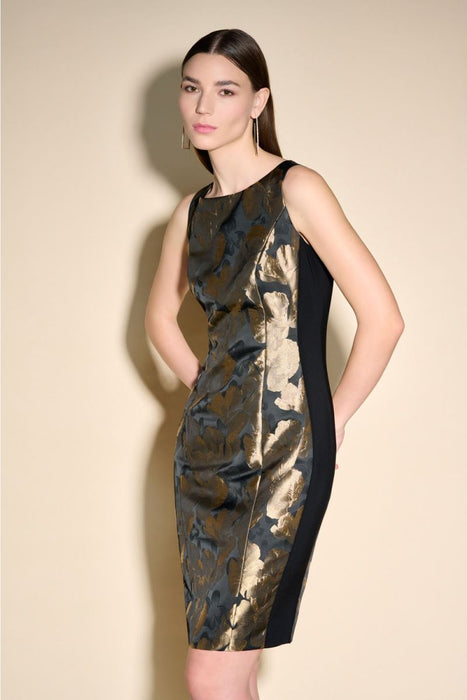 Joseph Ribkoff Black/Bronze Foiled Floral Sleeveless Sheath Dress 233715