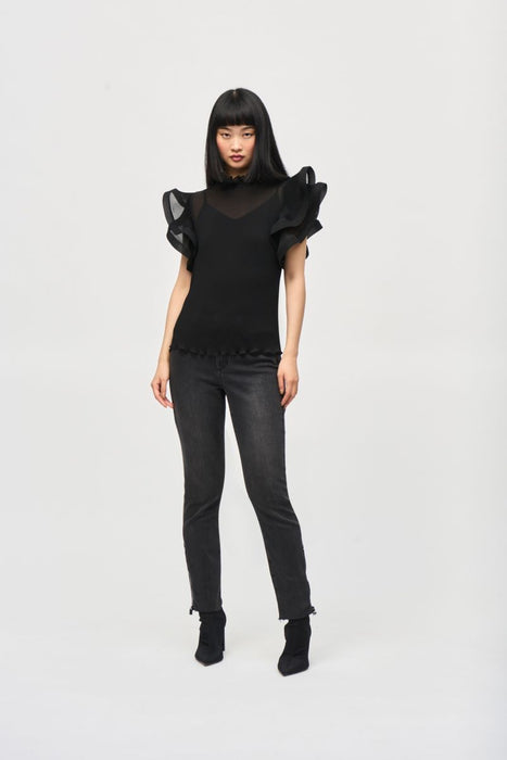 Joseph Ribkoff Black Chiffon Ruffled Sleeve Turtle Neck Top 243957