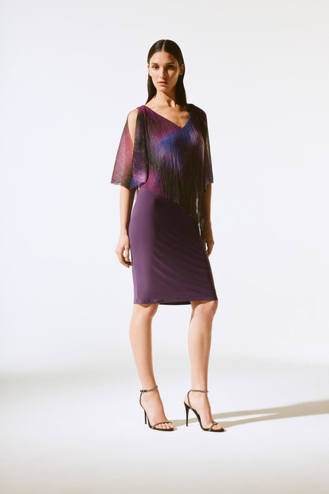 Joseph Ribkoff Style 243718 Black Currant/Multi Metallic Pleated Overlay Sheath Dress