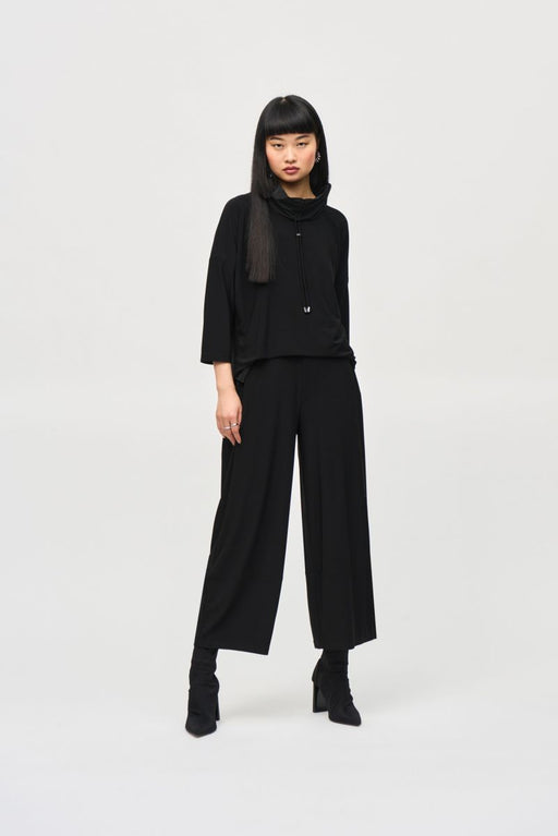 Joseph Ribkoff Style 243137 Black Drawstring Cowl Neck 3/4 Sleeve Cropped Jumpsuit