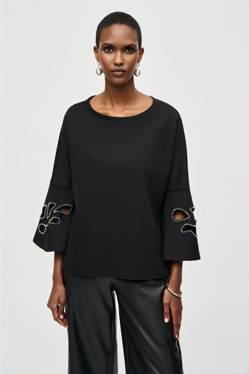 Joseph Ribkoff 243150 Black Embellished Boat Neck Cut-Out 3/4 Sleeves Top