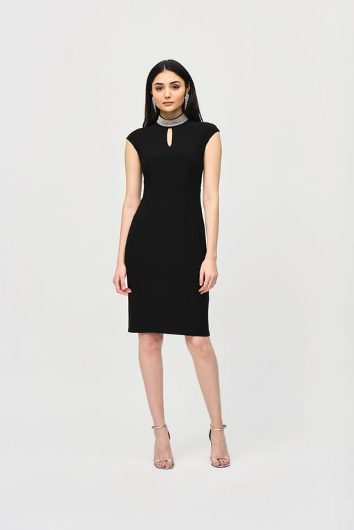 Joseph Ribkoff Style 243313 Black Embellished Choker Collar Cap Sleeve Sheath Dress