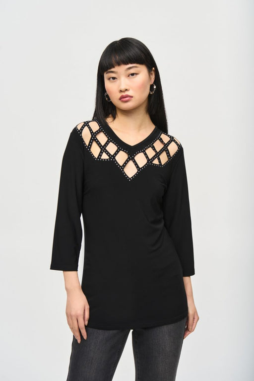 Joseph Ribkoff Style 243332 Black Embellished Cutout Yoke 3/4 Sleeve Top