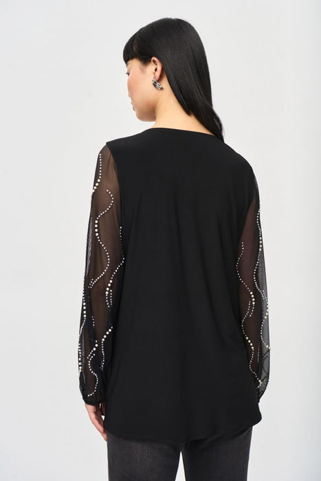 Joseph Ribkoff Black Embellished Mesh Puff Sleeve Tunic Top 243132