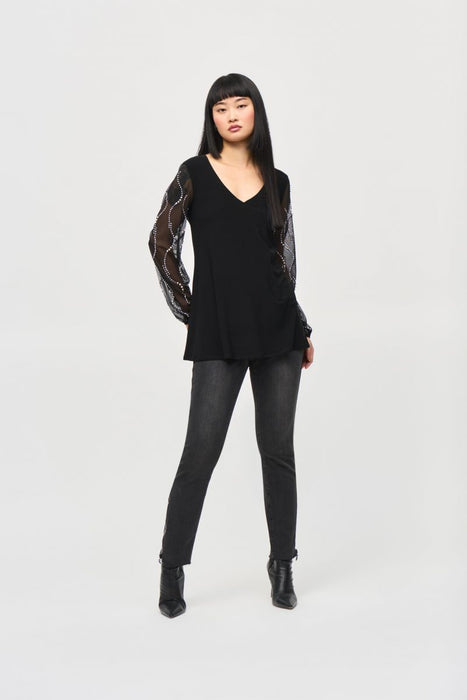 Joseph Ribkoff Black Embellished Mesh Puff Sleeve Tunic Top 243132