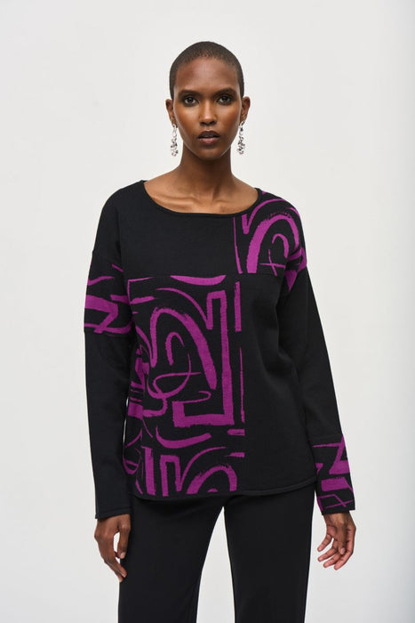 Joseph Ribkoff 243971 
 Black/Empress Abstract Print Boat Neck Long Sleeves Top 