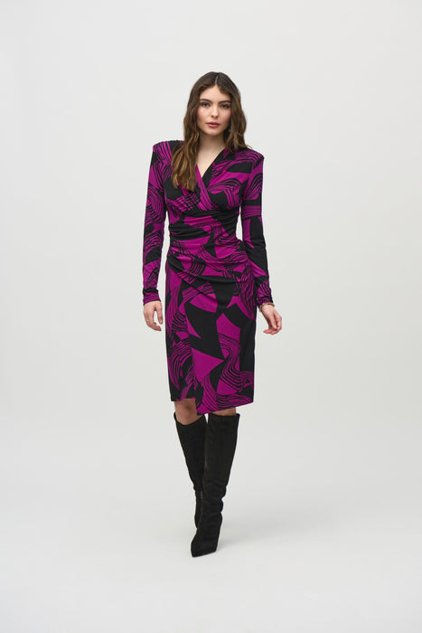 Joseph Ribkoff Style 244025 Black/Empress Abstract Print Faux Wrap Sheath Dress