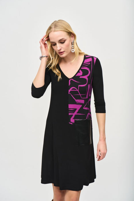 Joseph Ribkoff Black/Empress Color-Block 3/4 Sleeve Trapeze Dress 243210