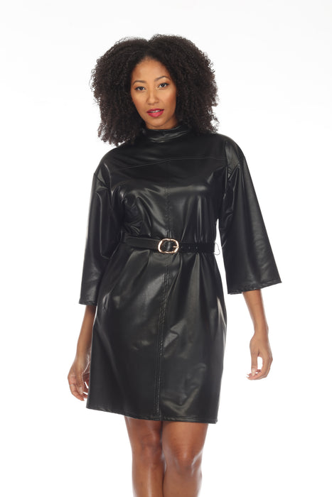 Joseph Ribkoff Black Faux Leather Belted Mini Shift Dress 233044