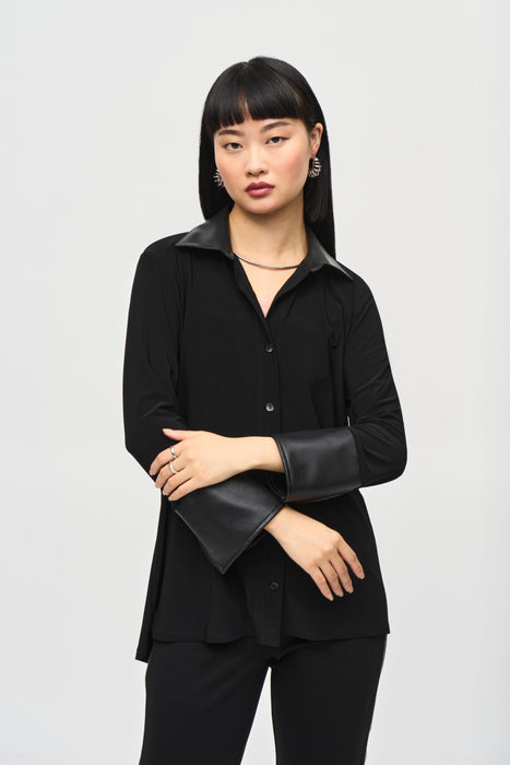 Joseph Ribkoff Style 243204 Black Faux Leather Detail Button-Down Flared Shirt