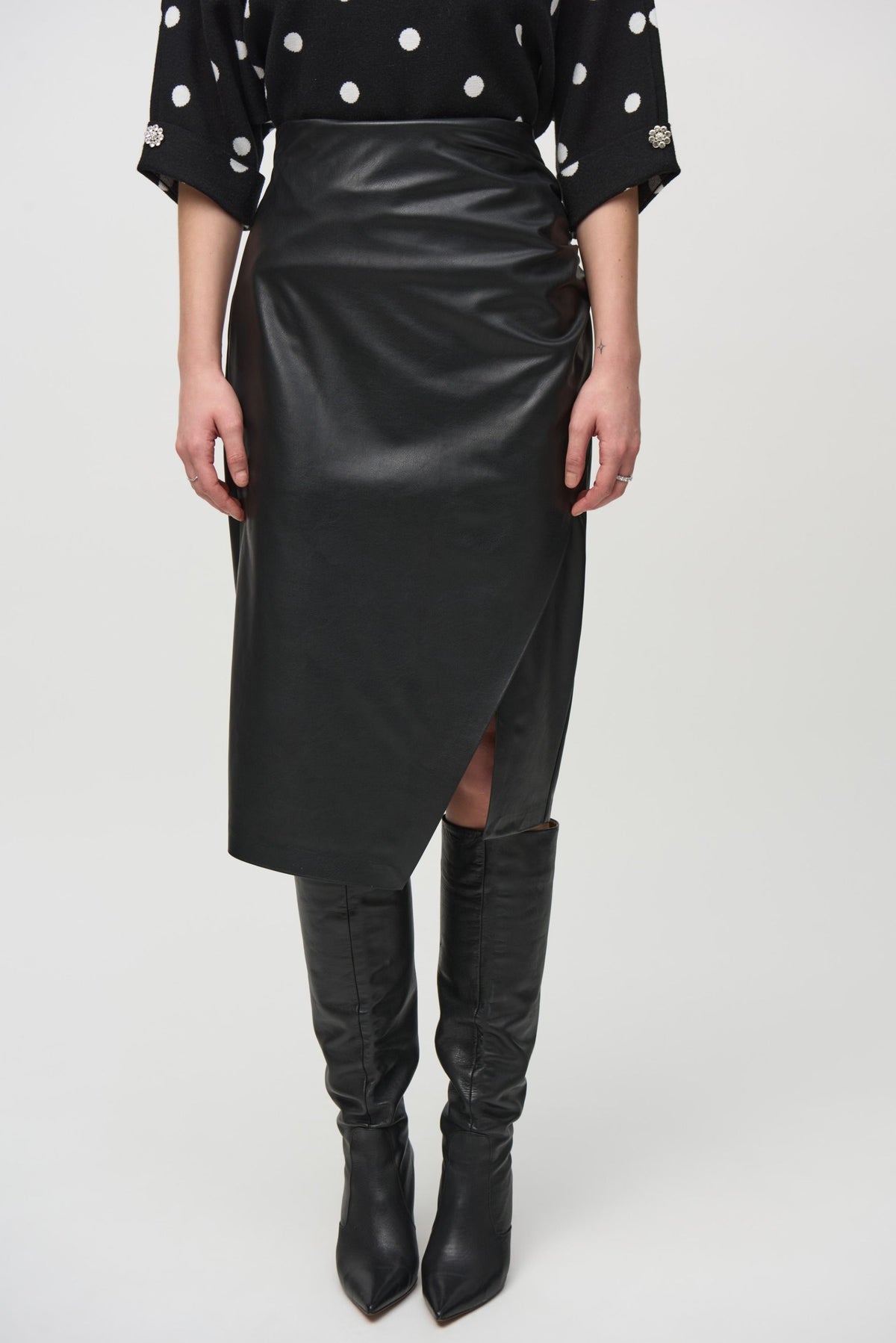 Joseph Ribkoff Black Faux Leather High Waist Midi Pencil Skirt 244115 AfterRetail