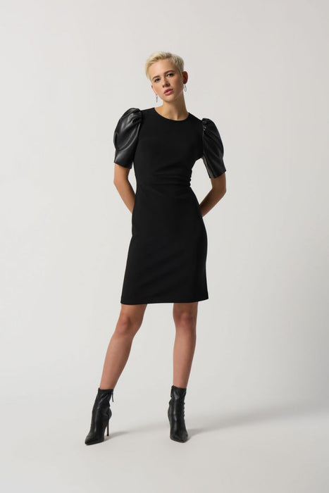 Joseph Ribkoff Style 233213 Black Faux Leather Puff Sleeve Sheath Dress