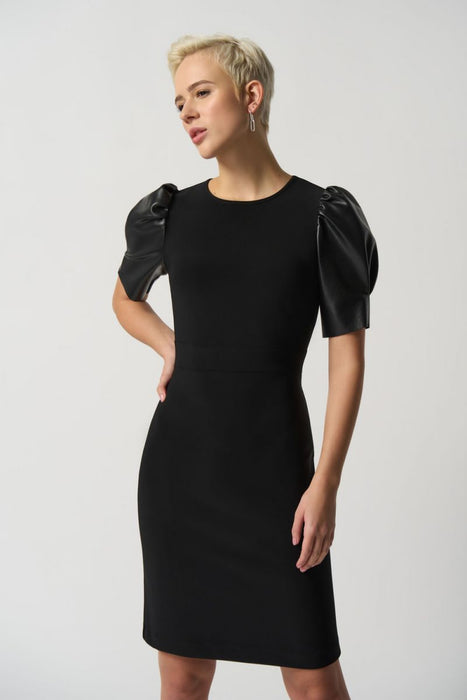 Joseph Ribkoff Black Faux Leather Puff Sleeve Sheath Dress 233213