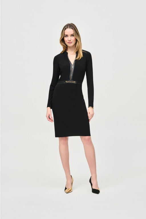 Joseph Ribkoff Style 243274 Black Faux Leather Trim Long Sleeve Sheath Dress