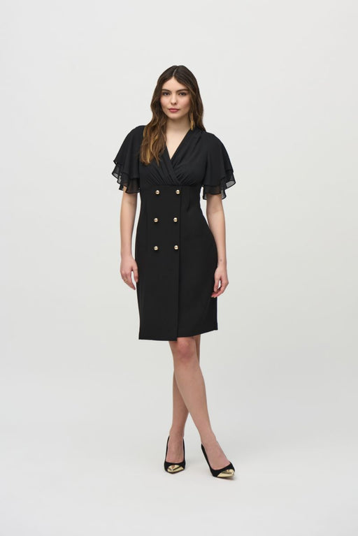 Joseph Ribkoff 244126 Black Faux Wrap Short-Tiered Sleeve  Dress