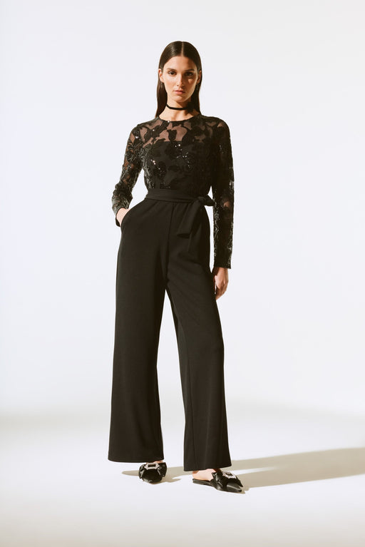 Joseph Ribkoff Style 243763 Black Floral Sequined Mesh Long Sleeve Jumpsuit