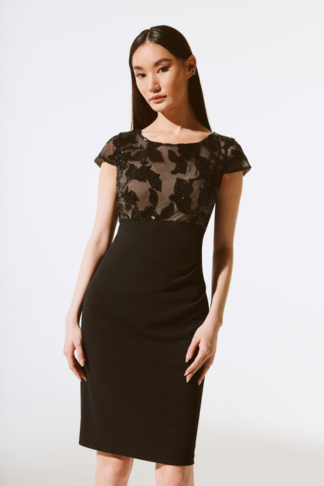 Joseph Ribkoff Black Floral Sequined Mesh Cap Sleeve Sheath Dress 243700