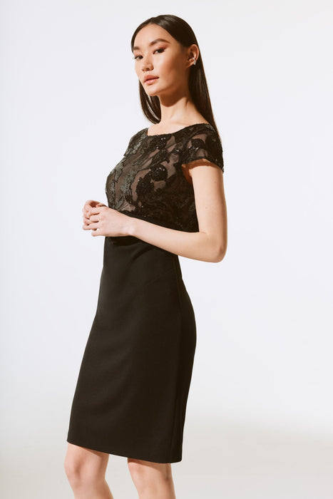 Joseph Ribkoff Black Floral Sequined Mesh Cap Sleeve Sheath Dress 243700