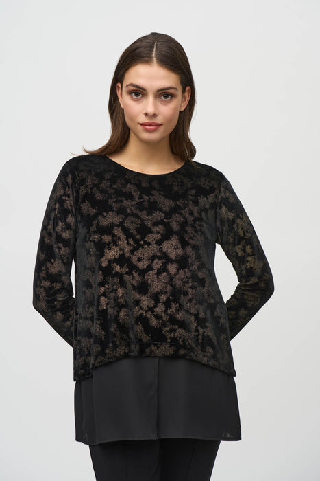 Joseph Ribkoff Style 244228 Black/Gold Foiled Velvet Long Sleeve Top