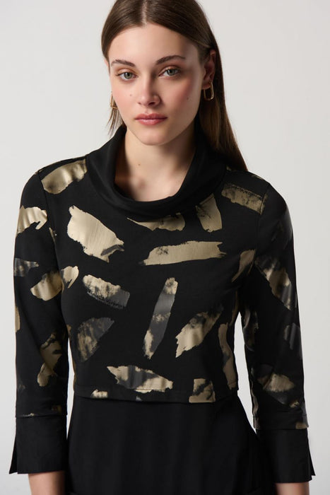 Joseph Ribkoff Black/Gold Metallic Abstract Print 3/4 Sleeve Cocoon Dress 234100