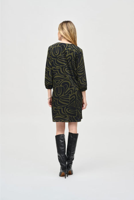 Joseph Ribkoff Black/Green Abstract Print Puff Sleeve Shift Dress 243154