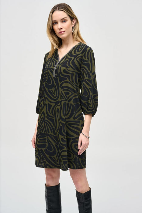 Joseph Ribkoff Black/Green Abstract Print Puff Sleeve Shift Dress 243154