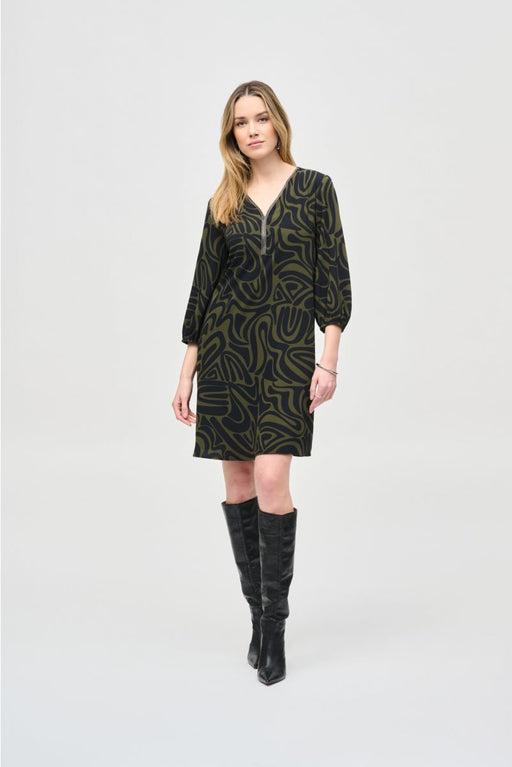 Joseph Ribkoff 243154 Black/Green Abstract Print 3/4 Puff Sleeve Dress