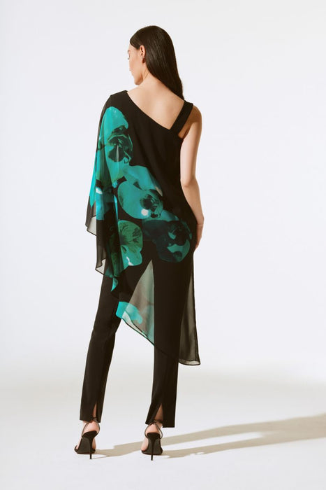 Joseph Ribkoff Black/Green Floral Print Asymmetric Chiffon One-Shoulder Top 243791