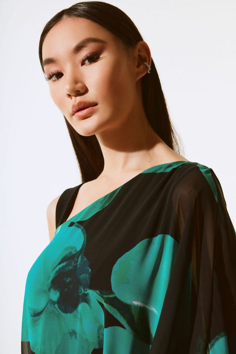 Joseph Ribkoff Black/Green Floral Print Asymmetric Chiffon One-Shoulder Top 243791