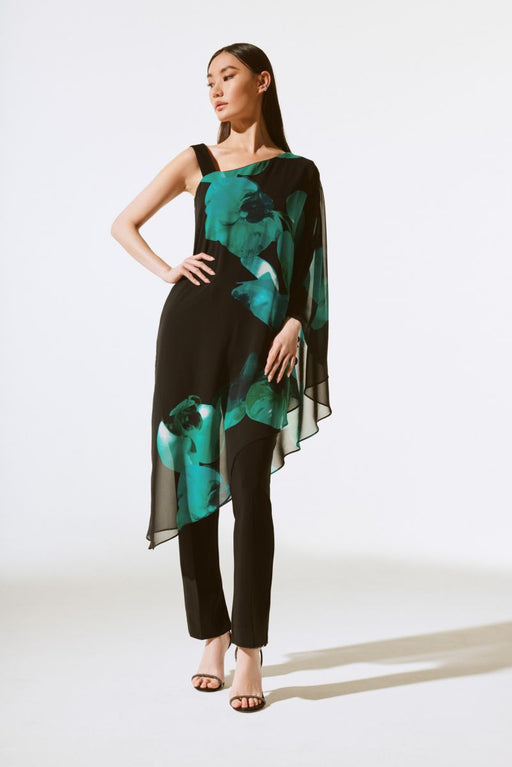 Joseph Ribkoff  Black/Green Floral Print Asymmetric Chiffon One-Shoulder Top 243791