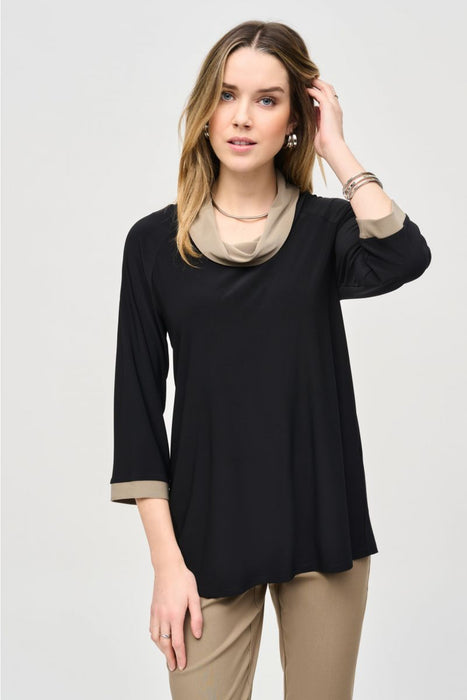 Joseph Ribkoff Style 243163 Black/Java Contrast Trim Cowl Neck Raglan Sleeve Tunic Top