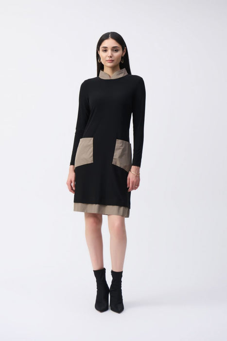 Joseph Ribkoff Style 243031 Black/Java Two-Tone Color Block Long Sleeve Shift Dress