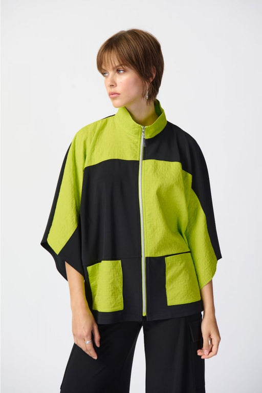 Joseph Ribkoff Style 241198 Black/Key Lime Color Block Mixed Fabric Zip Front Boxy Jacket