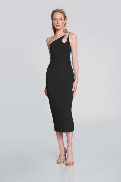 Joseph Ribkoff Style 242708 Black Keyhole Embellished One-Shoulder Midi Sheath Dress