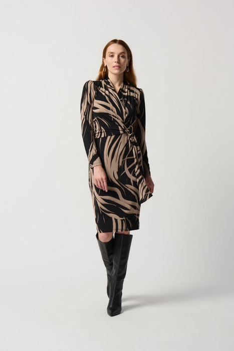 Joseph Ribkoff Style 234123 Black/Latte Abstract Print Faux Wrap Sheath Dress