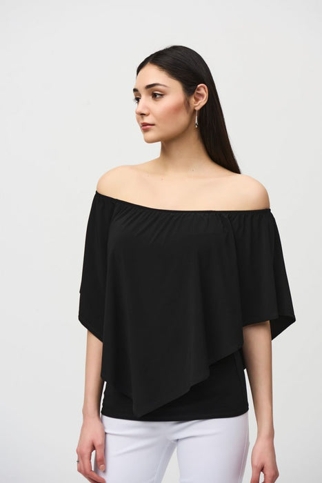 Joseph Ribkoff Style 242174 Black Layered Shirred Off-Shoulder Lightweight Top