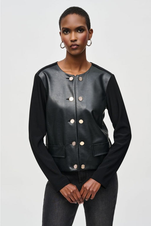 Joseph Ribkoff 243240 Black Leatherette Button Down Long Sleeve Jacket