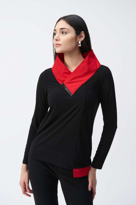 Joseph Ribkoff Style 243065 Black/Lipstick Red Zip High Collar Long Sleeve Asymmetric Top