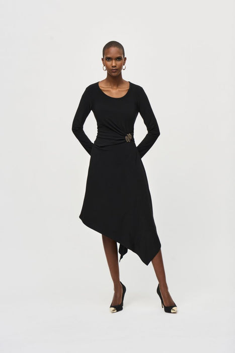 Joseph Ribkoff Style 243153 Black Long Sleeve Asymmetric Midi Fit And Flare Dress