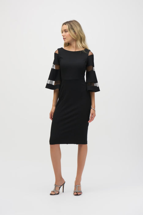 Joseph Ribkoff Style 243733 Black Mesh Insert Bell Sleeve Sheath Dress