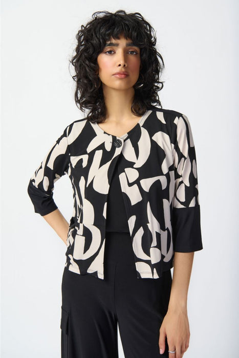 Joseph Ribkoff Style 241223 Black/Moonstone Geometric Print Cropped Swing Jacket