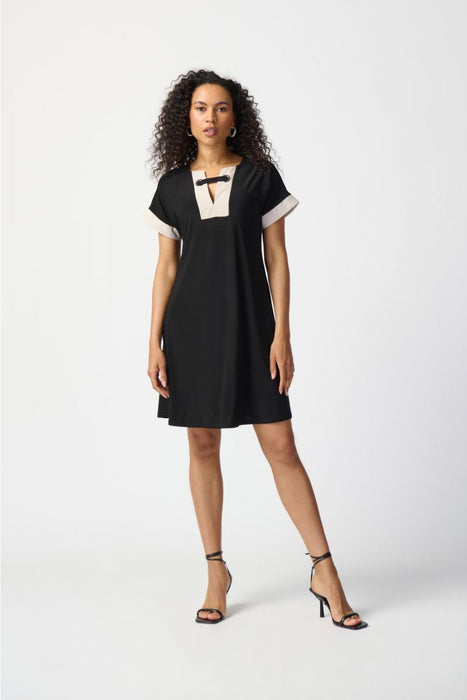 Joseph Ribkoff Style 241030 Black/Moonstone Two-Tone Eyelet Neckline A-Line Dress