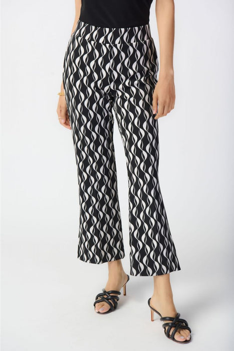 Joseph Ribkoff Style 241151 Black/Moonstone Wavy Geometric Print Cropped Flared Pants