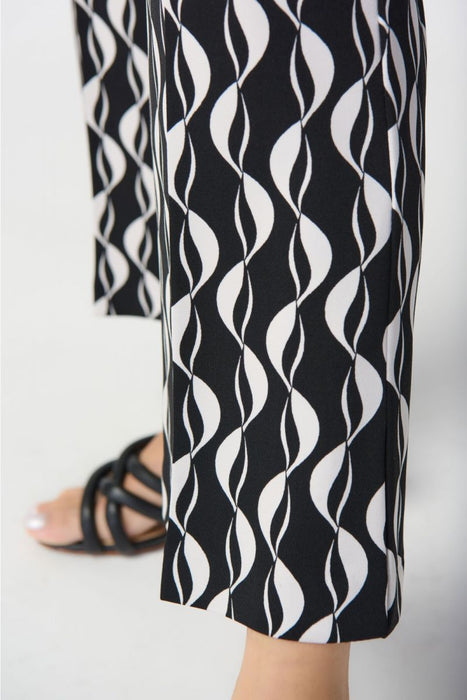 Joseph Ribkoff Black/Moonstone Wavy Geometric Print Cropped Flared Pants 241151