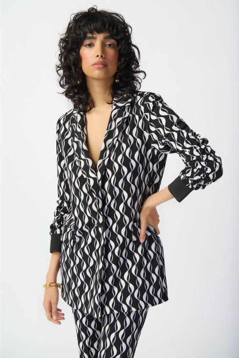 Joseph Ribkoff Style 241147 Black/Moonstone Wavy Geometric Print Longline Blazer Jacket