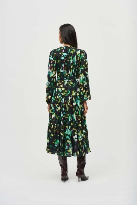 Joseph Ribkoff Black/Multi Abstract Camo Belted A-Line Midi Dress 243901