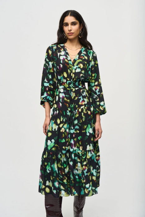 Joseph Ribkoff Black/Multi Abstract Camo Belted A-Line Midi Dress 243901