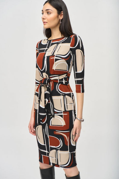 Joseph Ribkoff Black/Multi Abstract Print Waist Tie Sheath Dress 243325