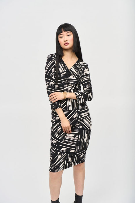 Joseph Ribkoff Style 243322 Black/Multi Abstract Stripe 3/4 Sleeve Faux Wrap Sheath Dress