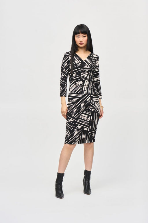 Joseph Ribkoff Style 243322 Black/Multi Abstract Stripe 3/4 Sleeve Faux Wrap Sheath Dress